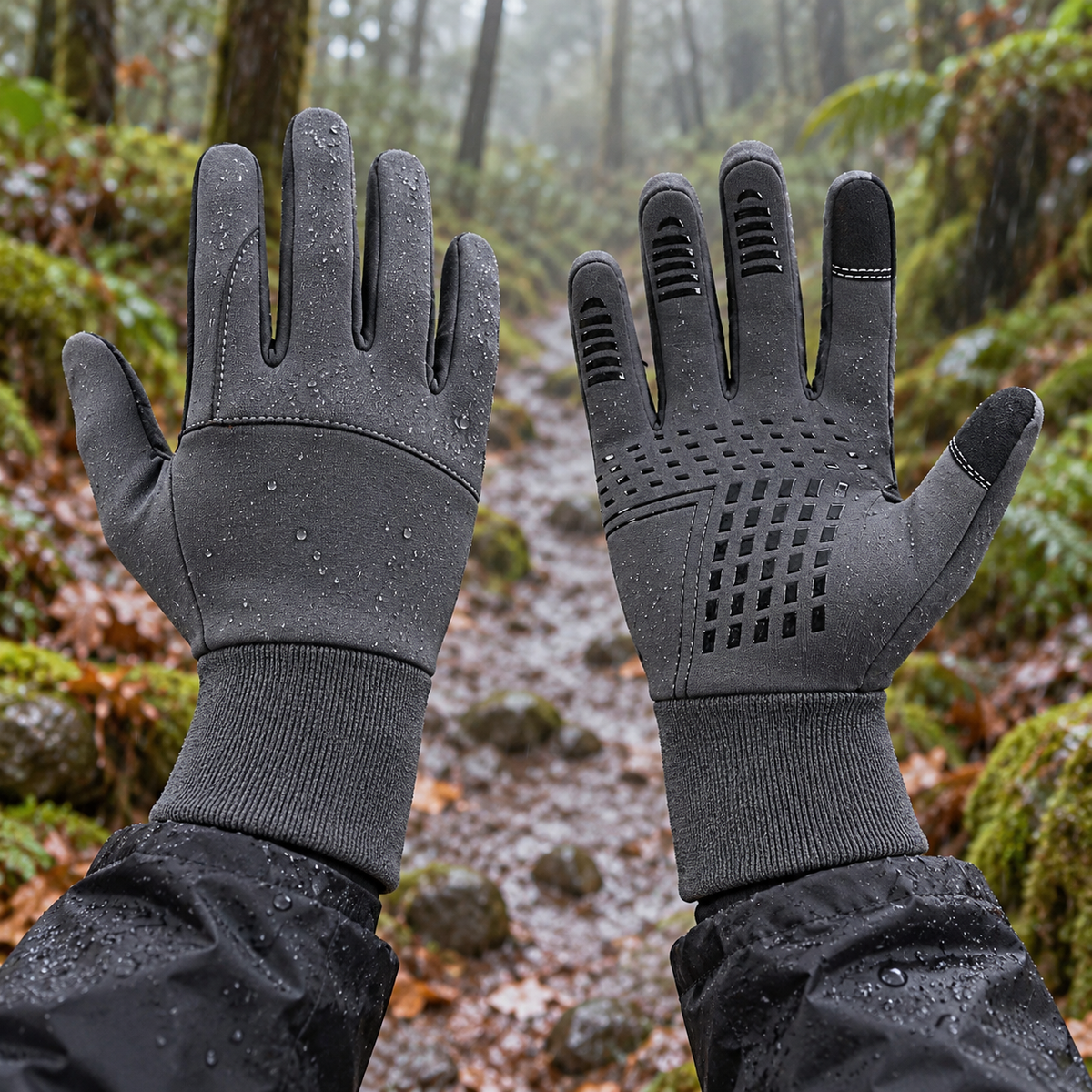 Gants trail imperméables gris portés sur un sentier forestier humide