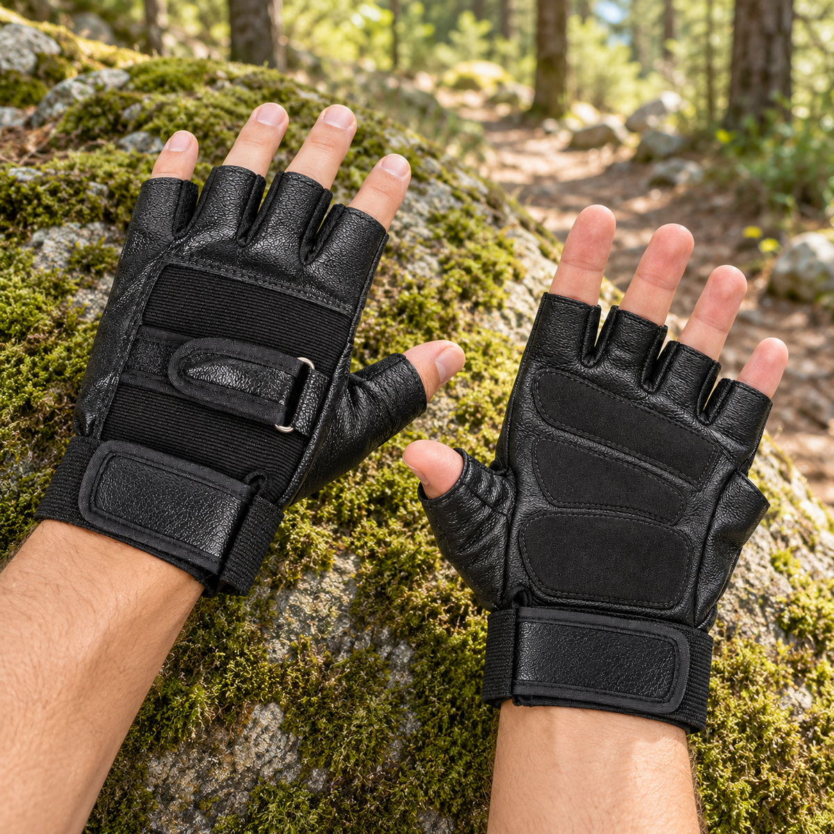 Gants cuir randonnée noirs portés en forêt – dos et paume