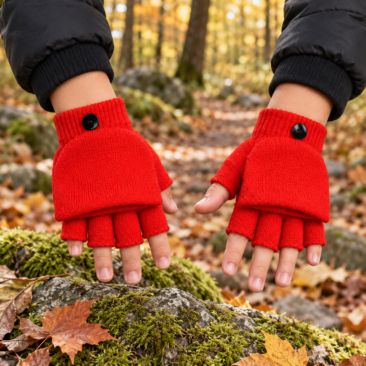 Gants de randonnée fille rouges portés en forêt – paire entièrement visible