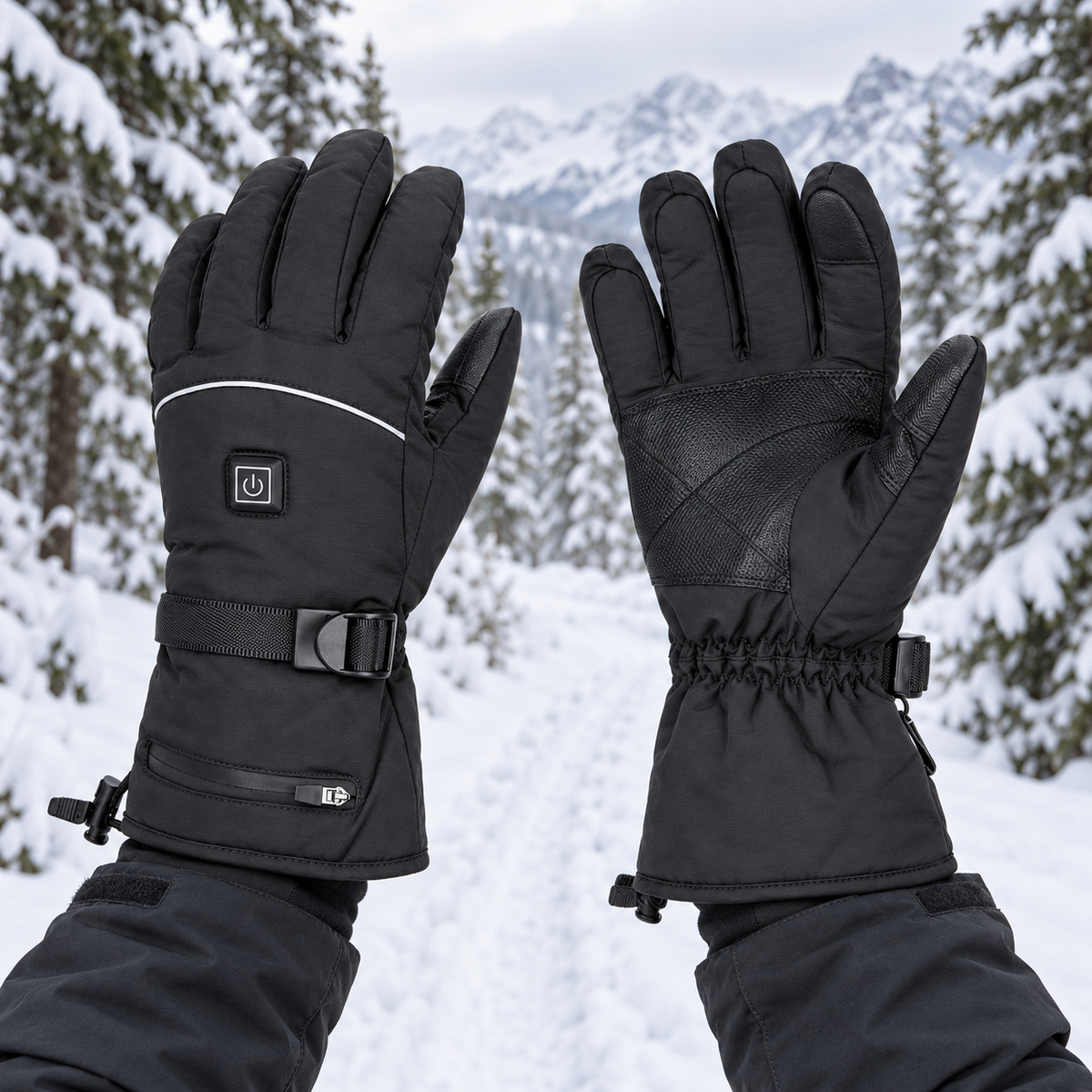Gants de ski chauffants portés sur un sentier forestier enneigé