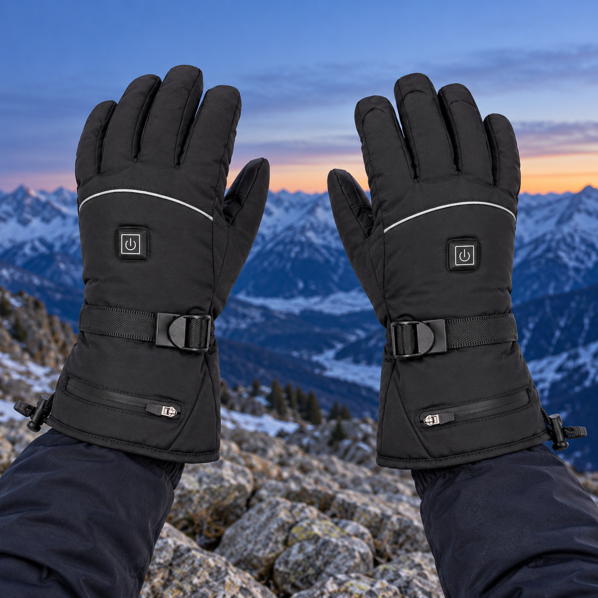 Gants de ski chauffants portés face à un paysage de montagne enneigée
