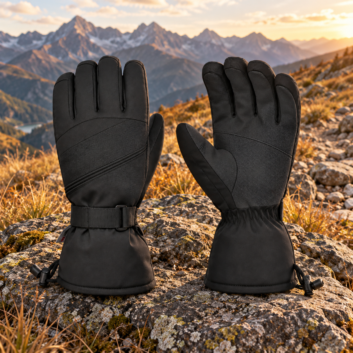 Gants de ski randonnée respirants noirs — paire sur sentier alpin automnal