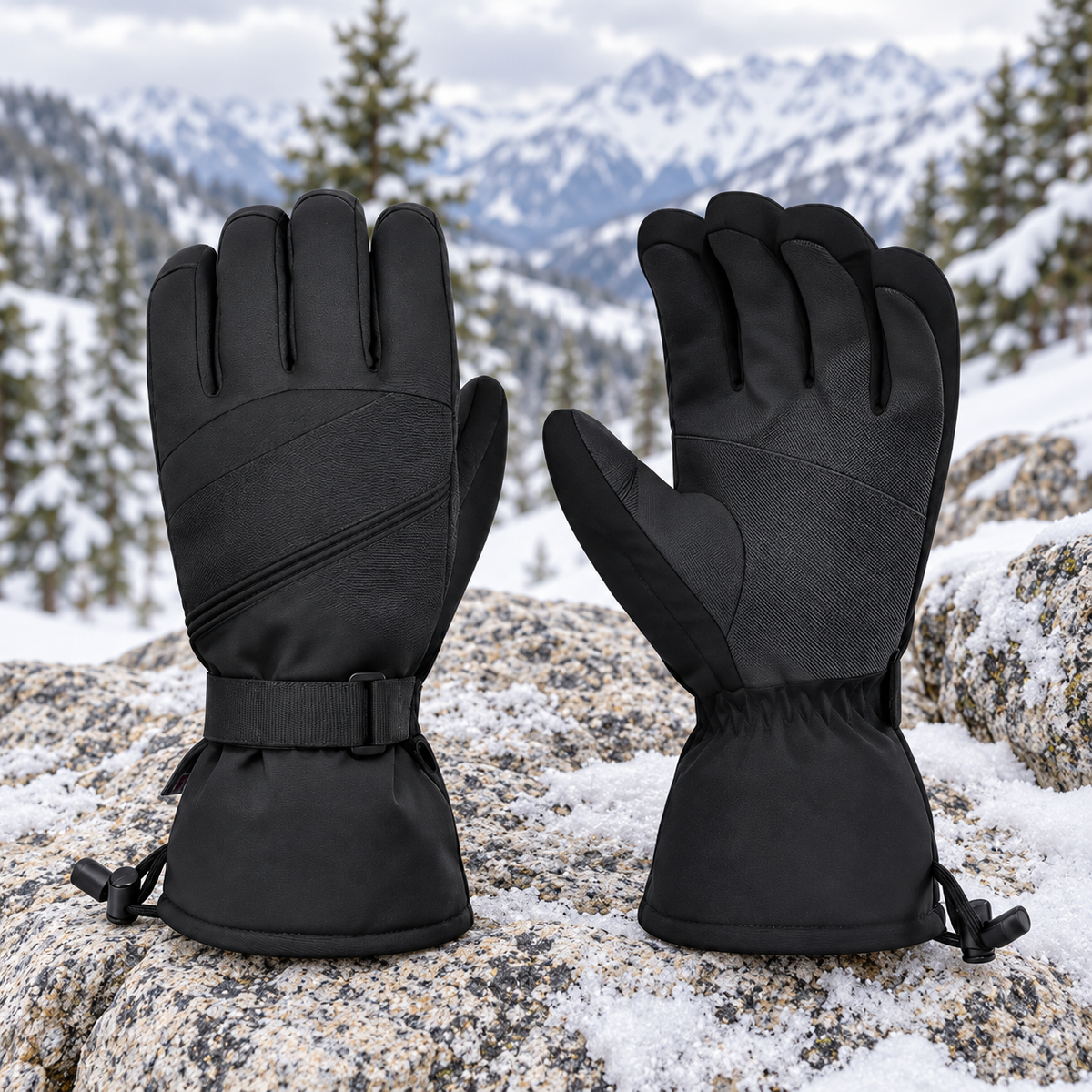 Gants de ski randonnée respirants noirs — paire sur sentier alpin enneigé