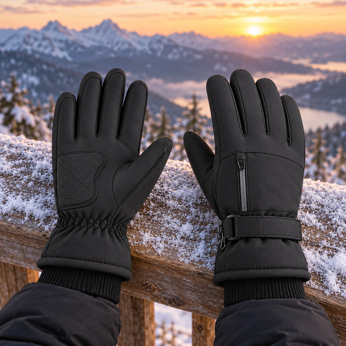Gants femme grand froid — paire portée au belvédère enneigé