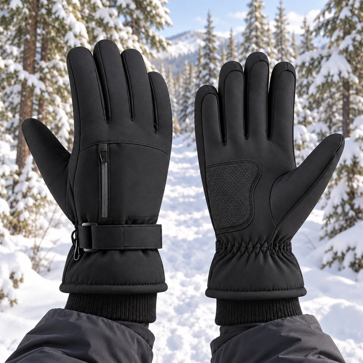 Gants femme grand froid — paire portée sur sentier enneigé