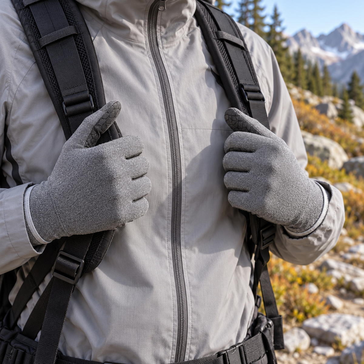 Gants fins randonnée — paire portée sur sentier alpin
