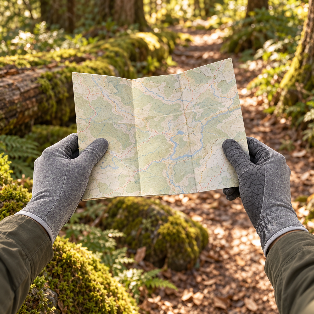 Gants fins randonnée — paire portée avec carte en forêt