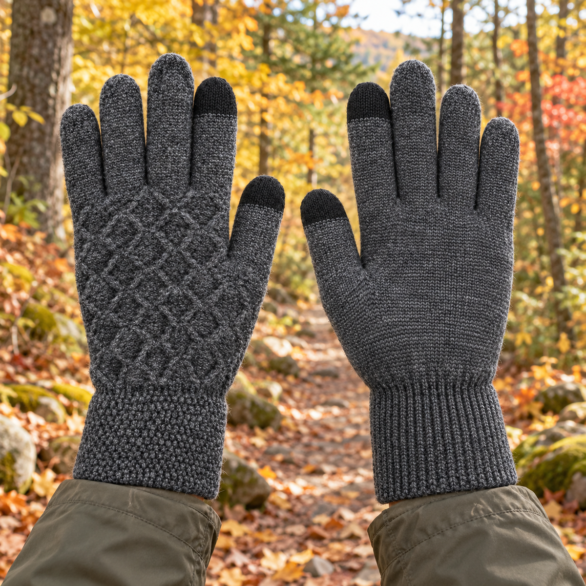Gants laine randonnée gris losange portés en forêt – dos et paume