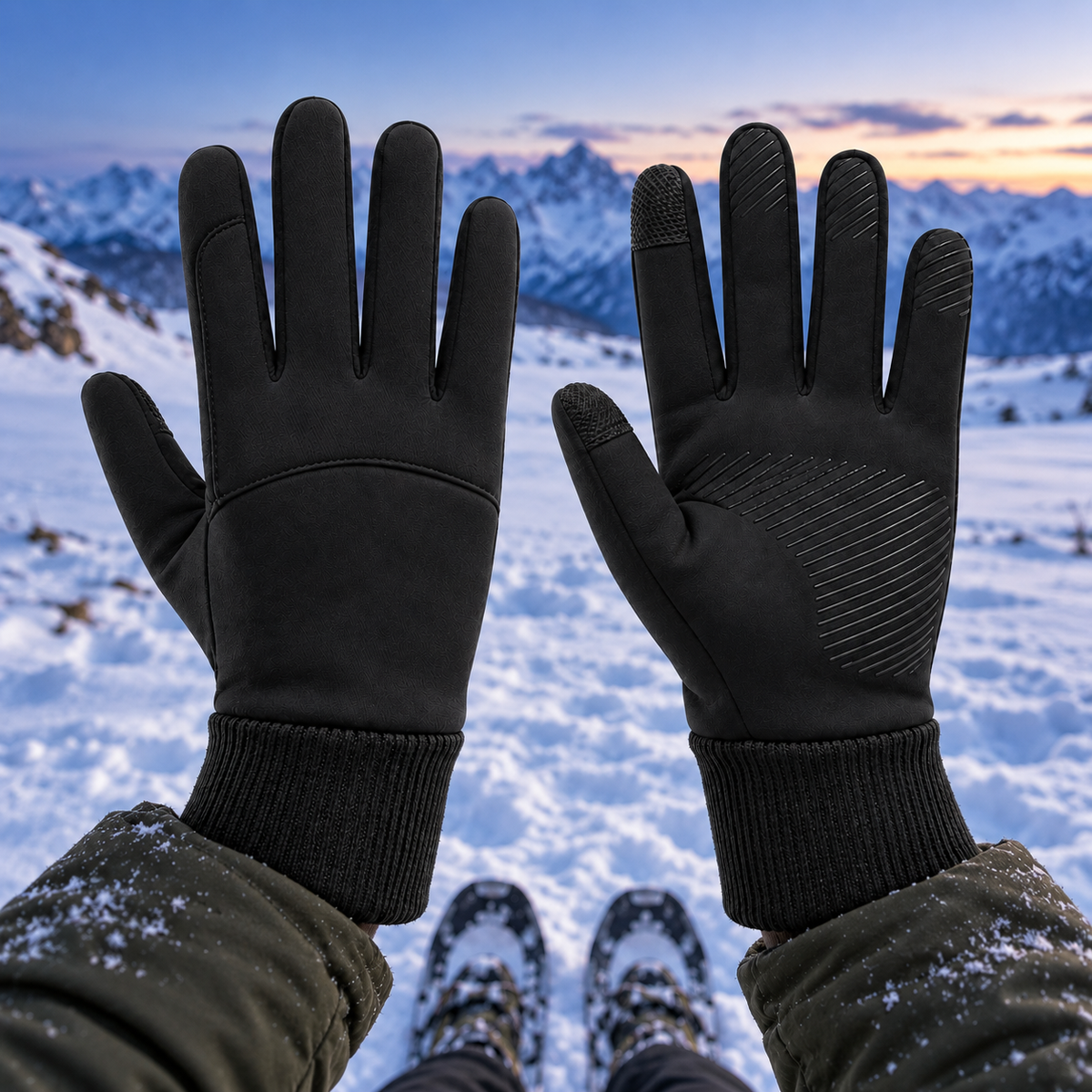 Gants noirs portés en randonnée raquettes sur plateau alpin enneigé