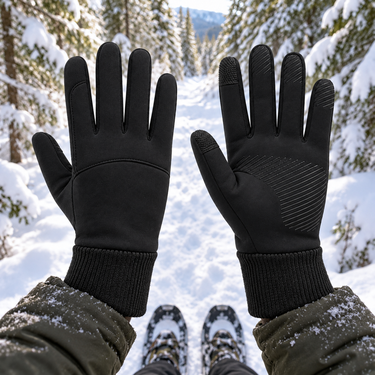 Gants noirs portés en randonnée raquettes sur sentier forestier enneigé