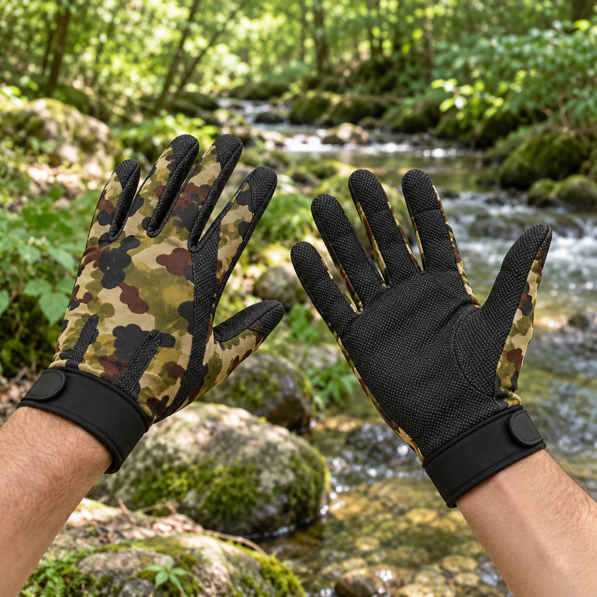 Gants randonnée été — paire camouflage portée près d'un torrent forestier