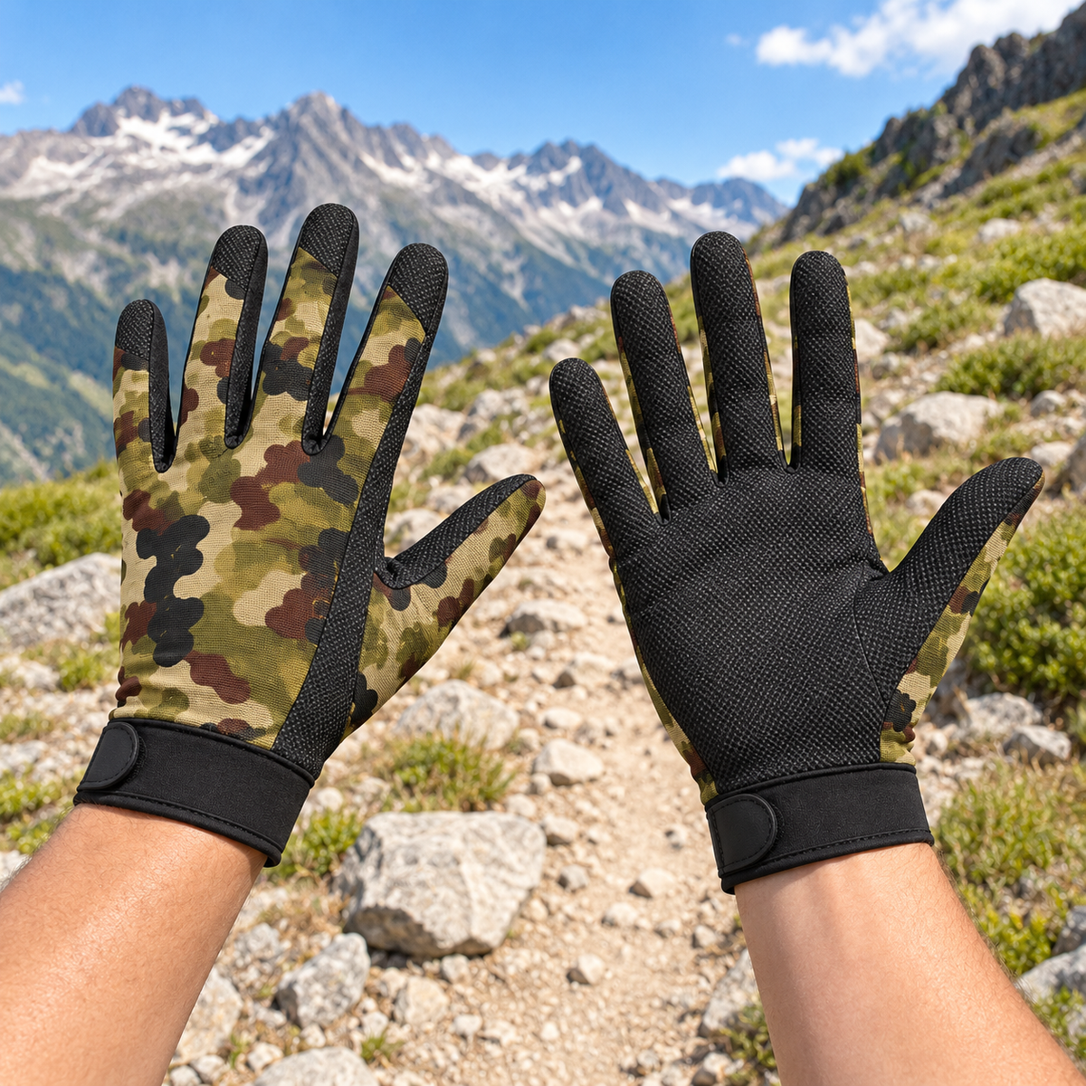 Gants randonnée été — paire camouflage portée sur un sentier alpin estival