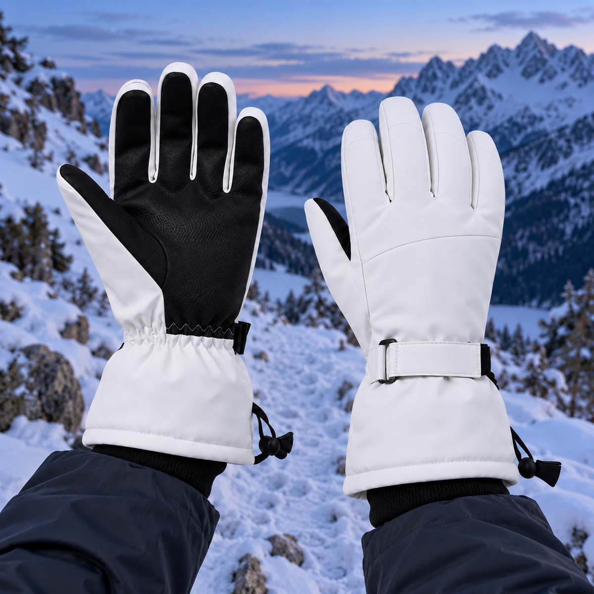 Gants randonnée hiver homme blanc et noir — portés sur sentier alpin enneigé