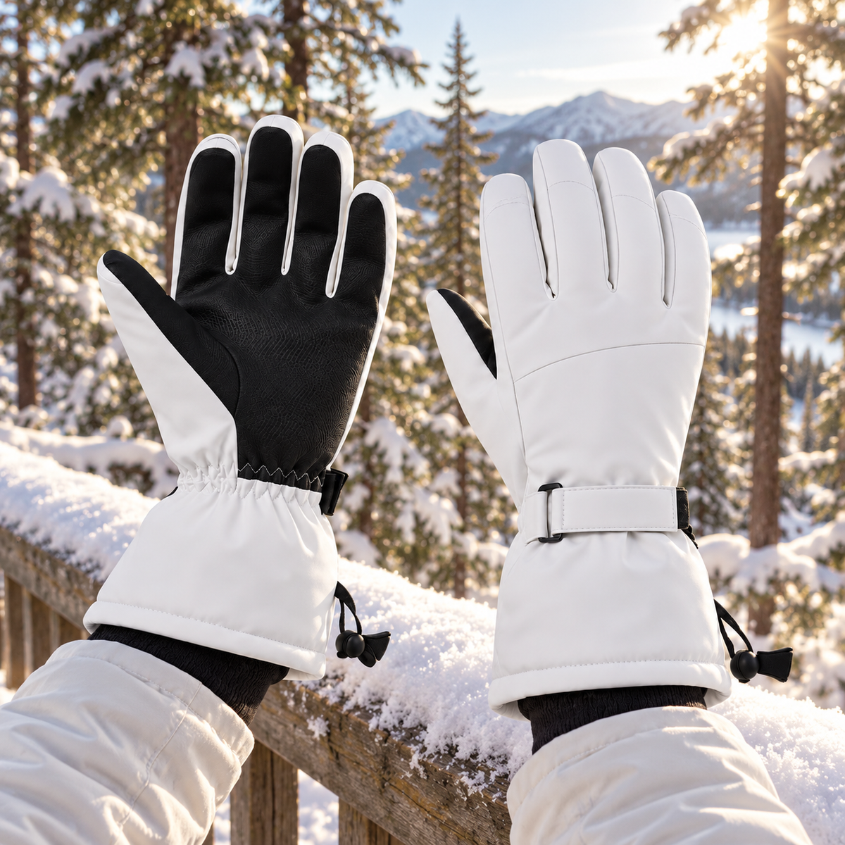 Gants randonnée hiver homme blanc et noir — portés en forêt enneigée