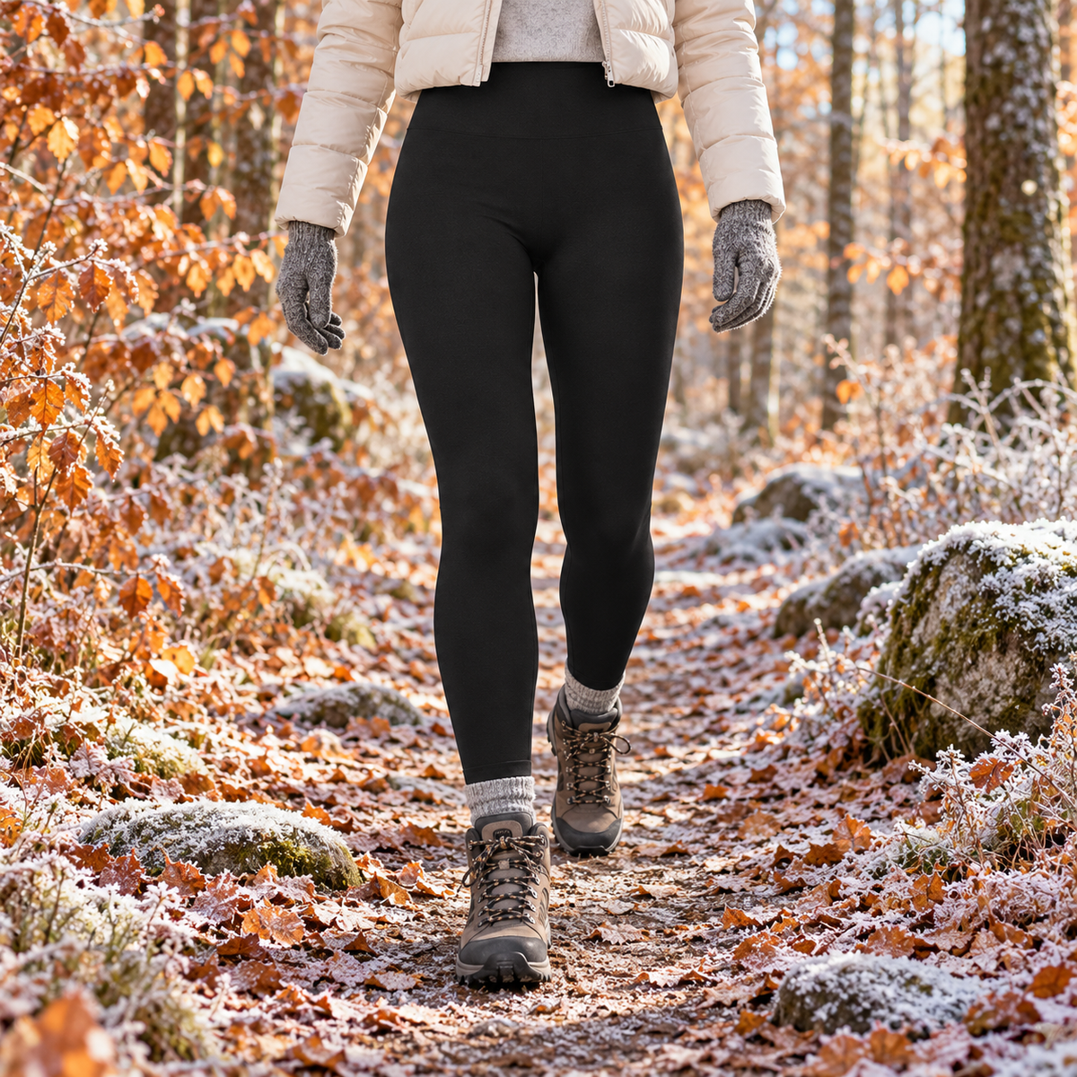 Legging randonnée hiver femme noir sur sentier givré