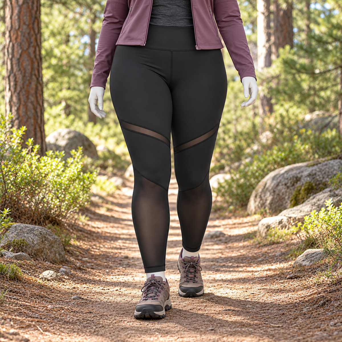 Legging randonnée XXL noir sur sentier forestier