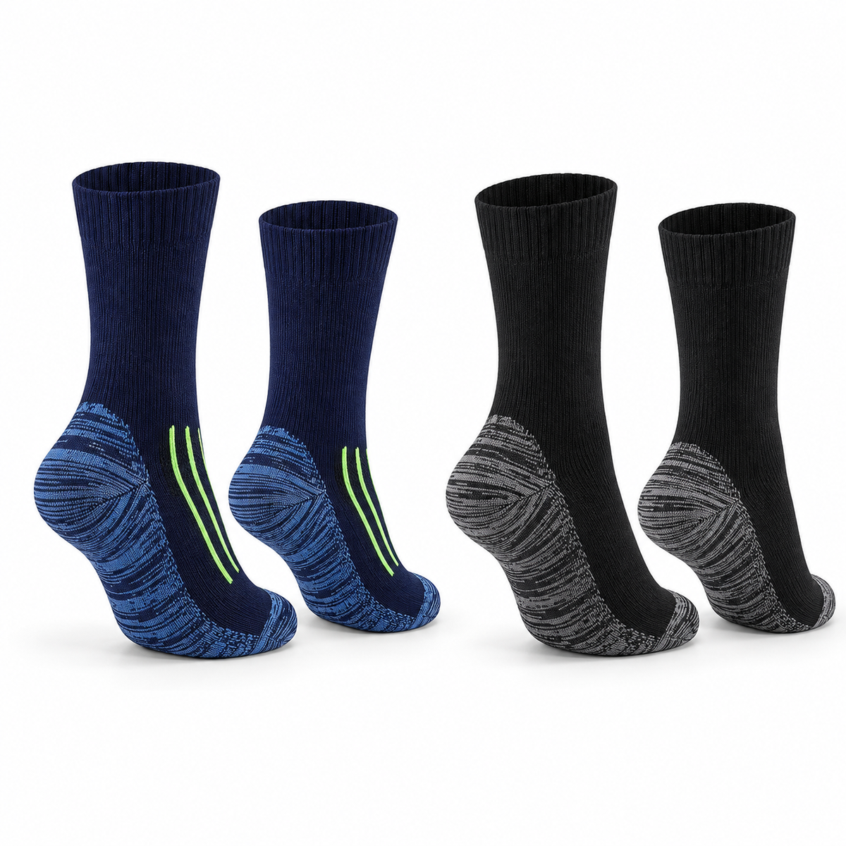 Deux paires de chaussettes de randonnée homme vues depuis l'arrière