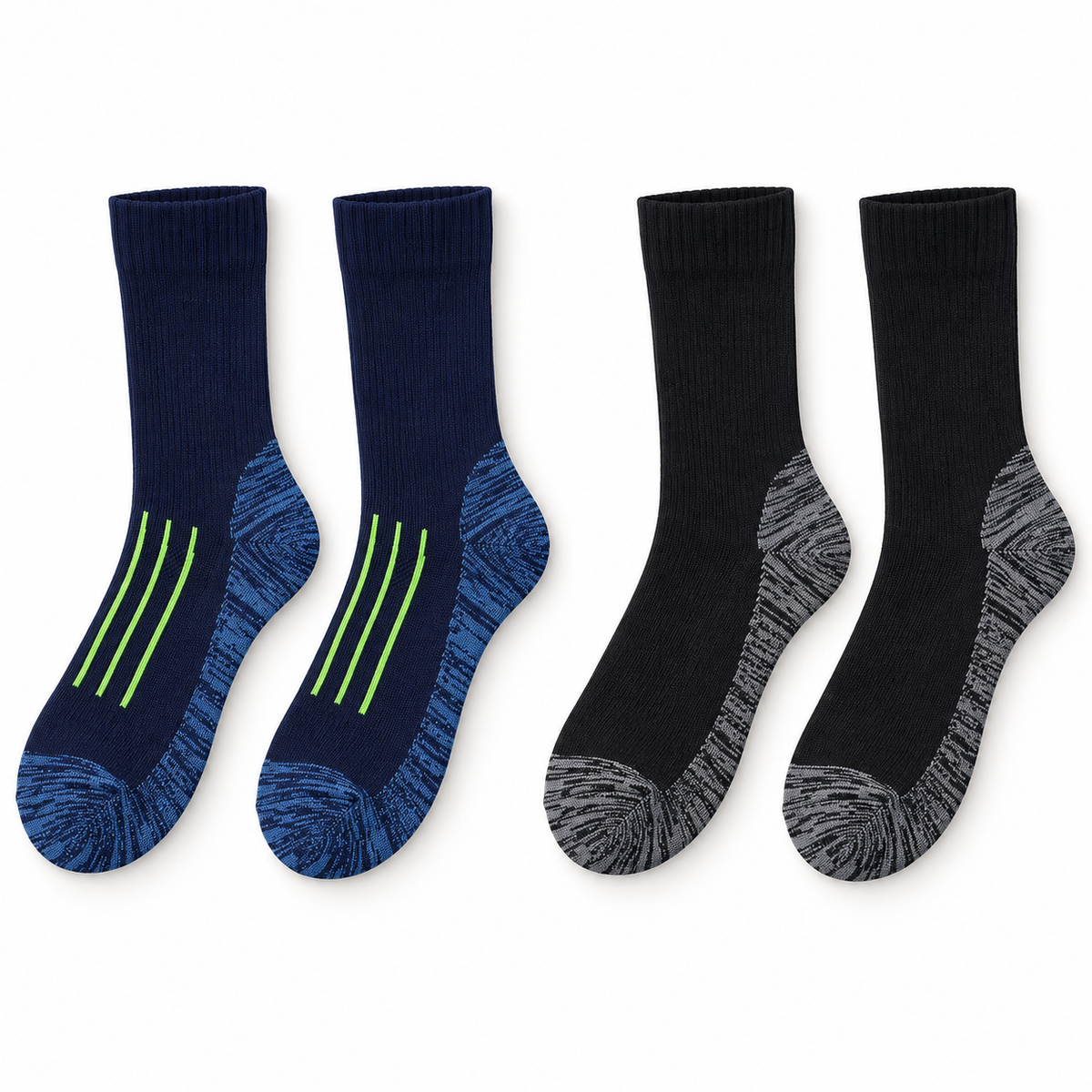 Chaussettes de randonnée homme bleu et noir présentées à plat