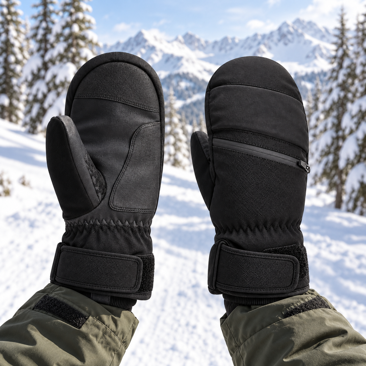 Moufles de ski noires portées sur un sentier enneigé