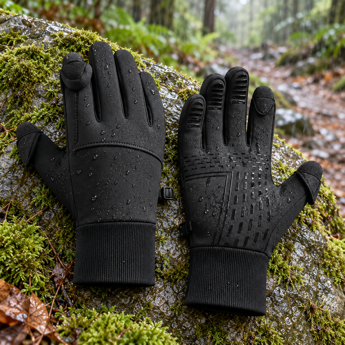Moufles chaudes femme — paire complète sur sentier forestier pluvieux