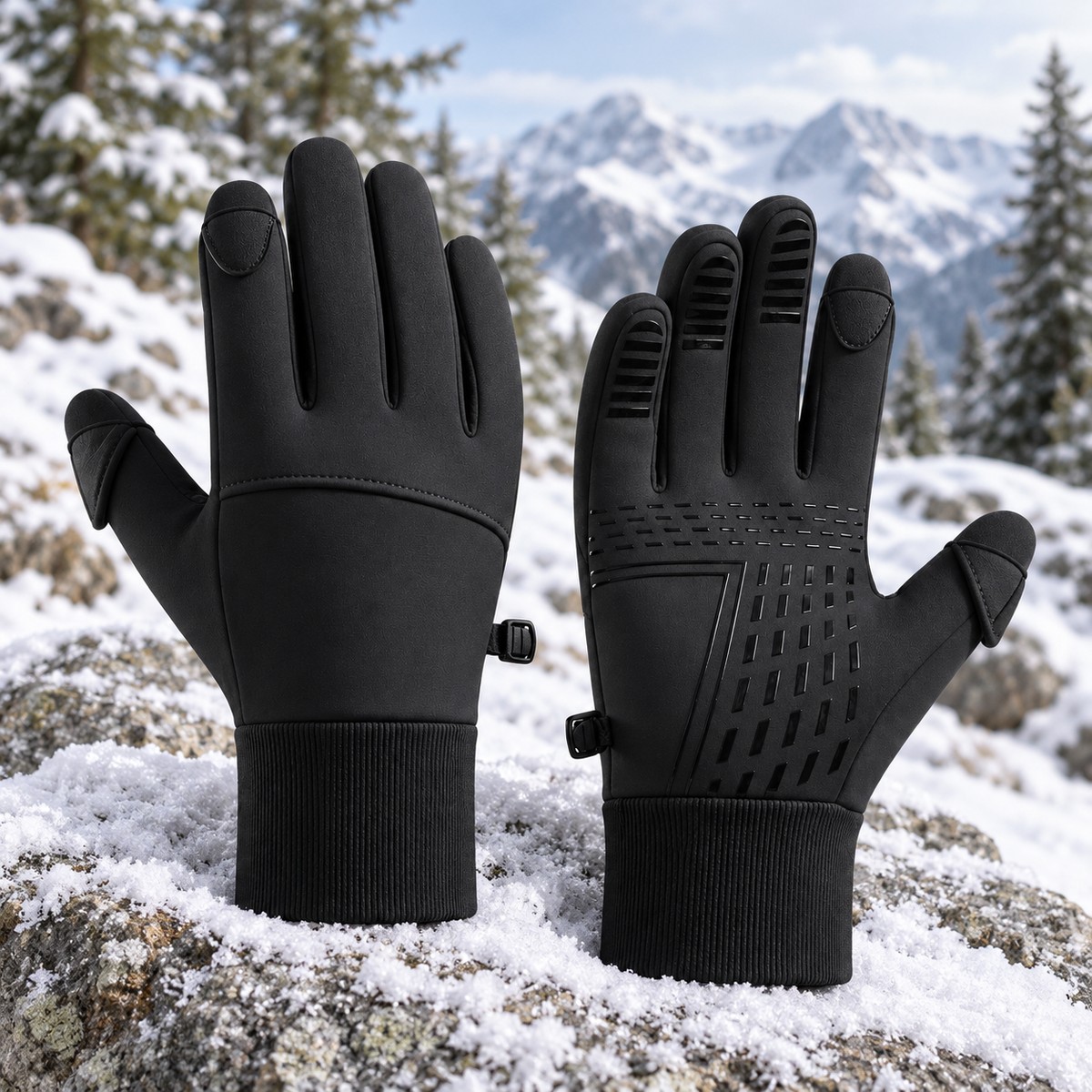 Moufles chaudes femme — paire complète sur sentier alpin enneigé