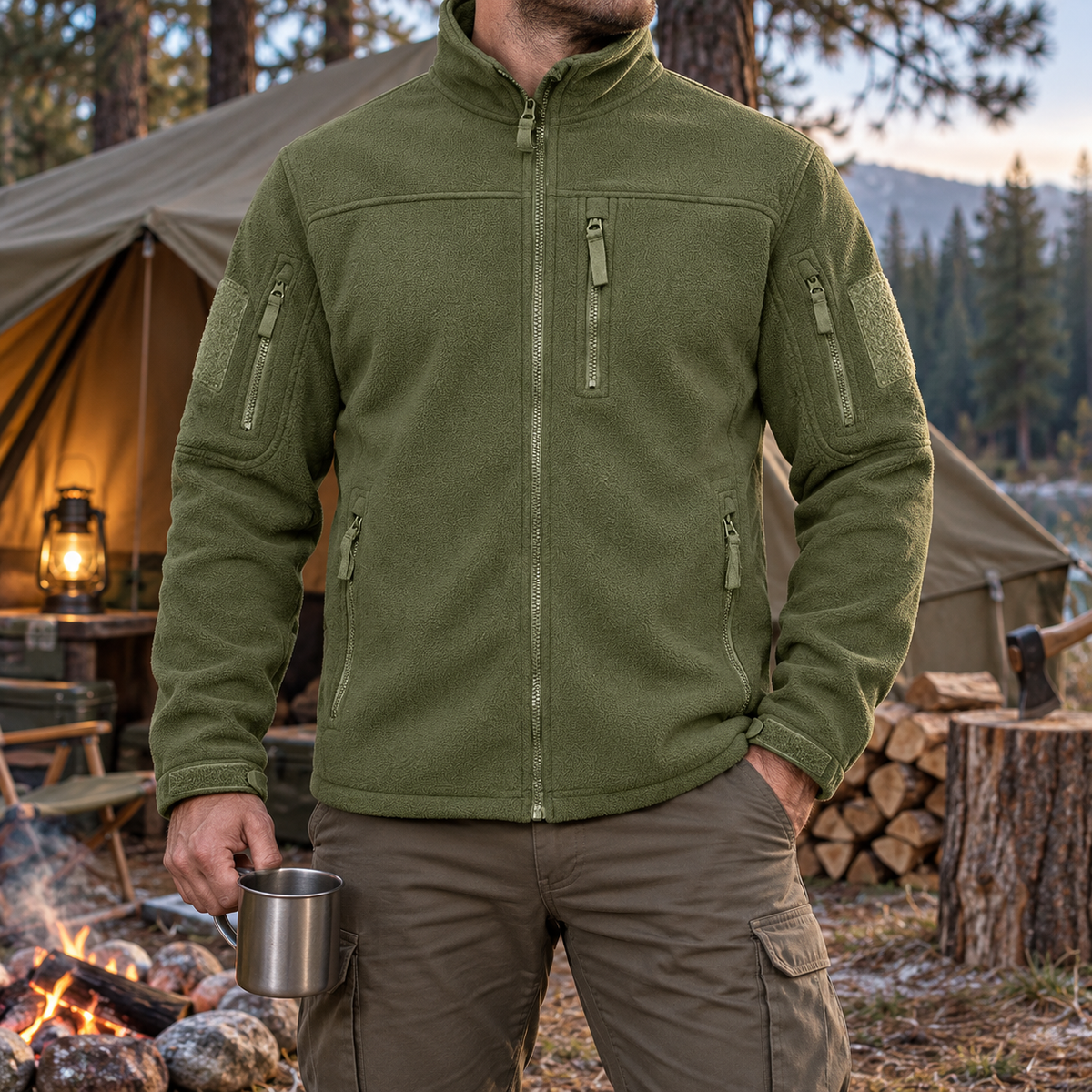 Polaire homme grande taille verte portée au camp