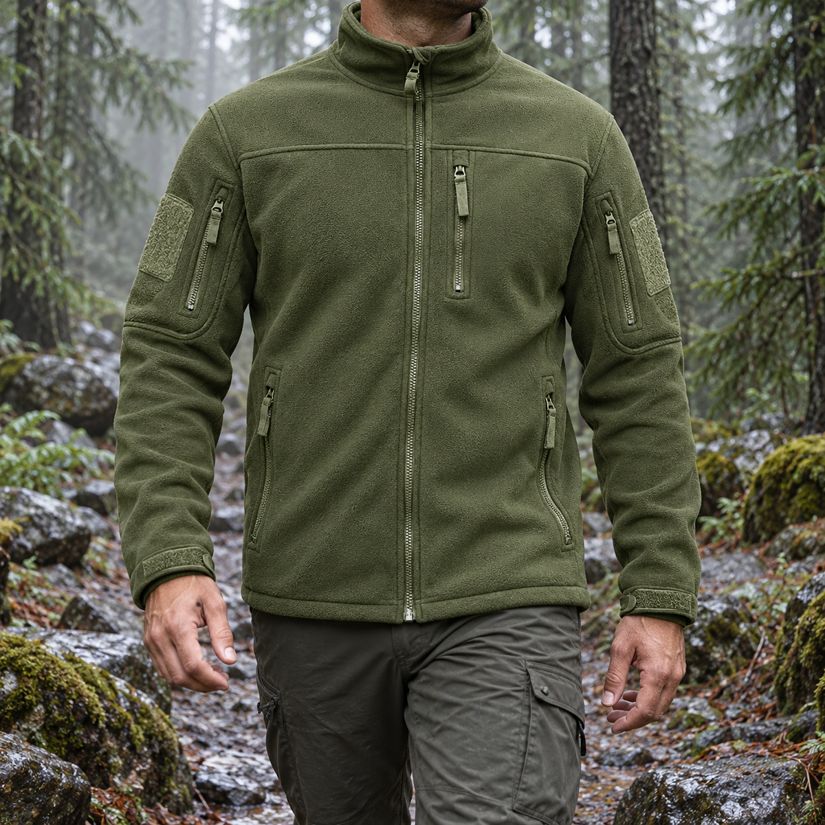 Polaire homme grande taille verte portée en forêt