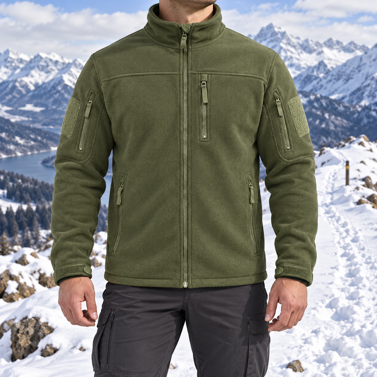 Polaire homme grande taille verte portée en montagne enneigée