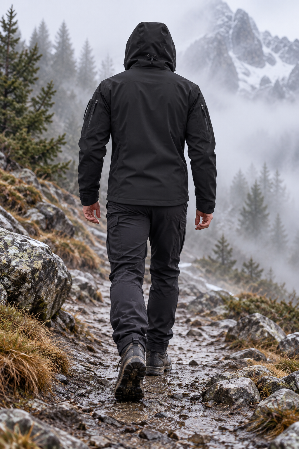 Veste hiver imperméable de randonnée noire – vue portée de dos