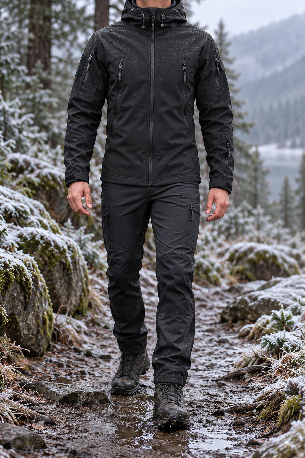 Veste hiver imperméable de randonnée noire portée sur sentier froid