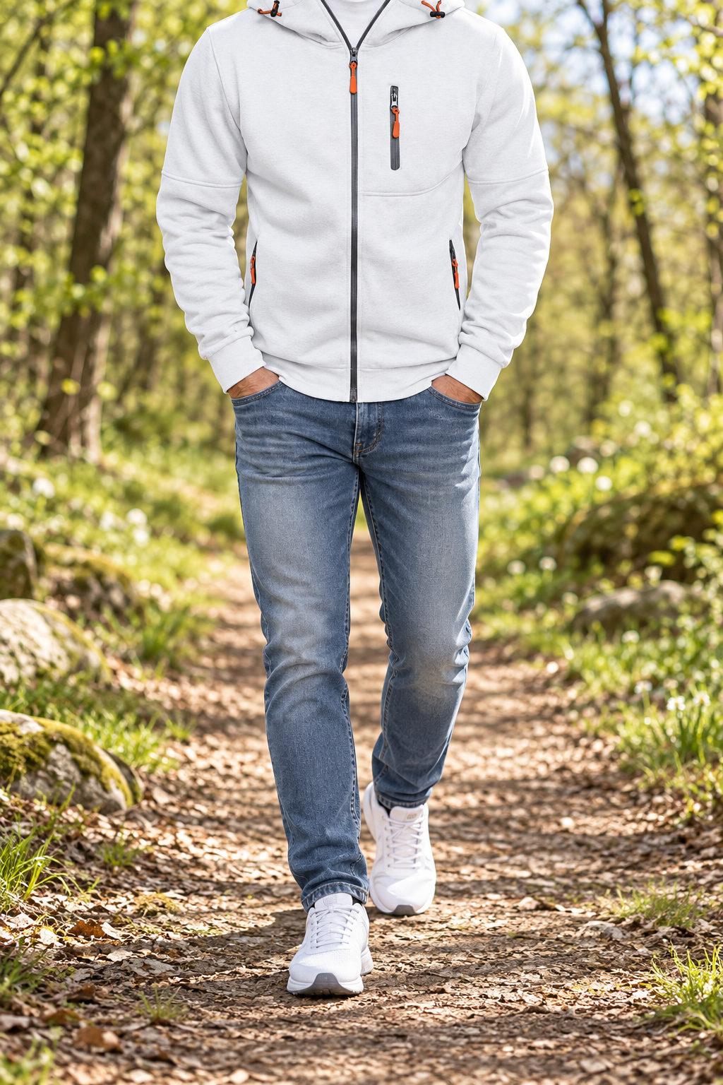 Veste randonnée 100 % coton blanche portée sur sentier