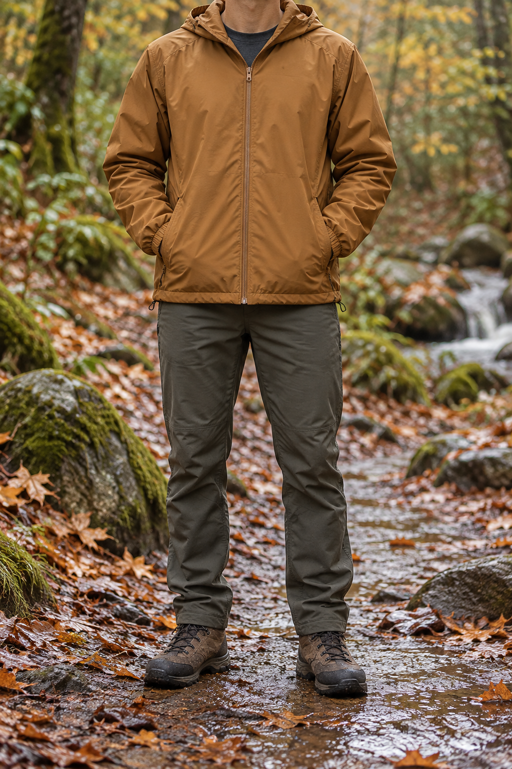Veste imperméable randonnée homme marron portée sur sentier humide