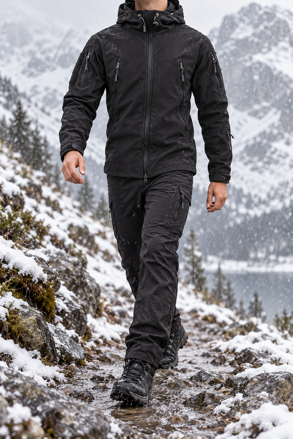 Veste hiver imperméable de randonnée noire portée en mouvement