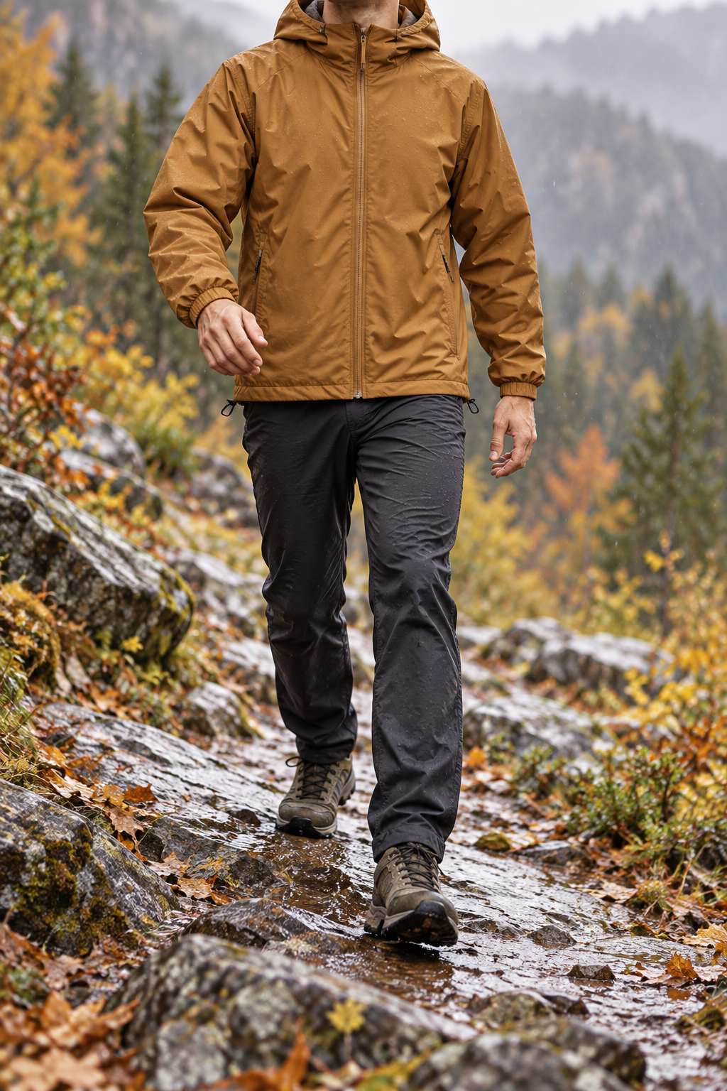 Veste imperméable randonnée homme marron portée en mouvement