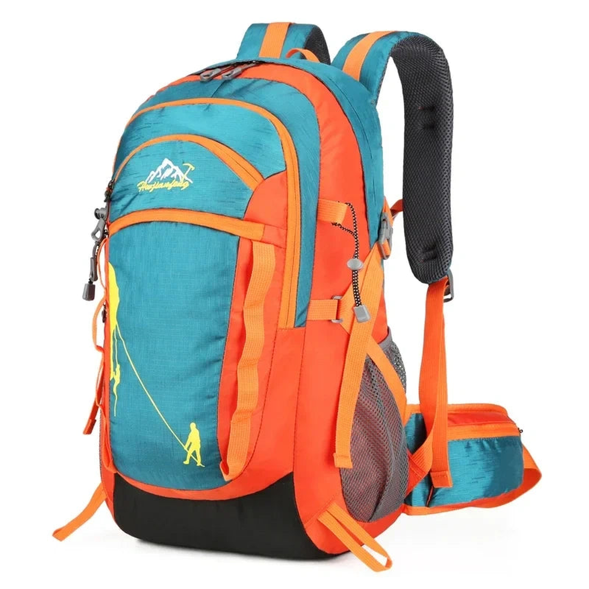 Sac à dos multicolore orange et bleu — vue trois-quarts avant
