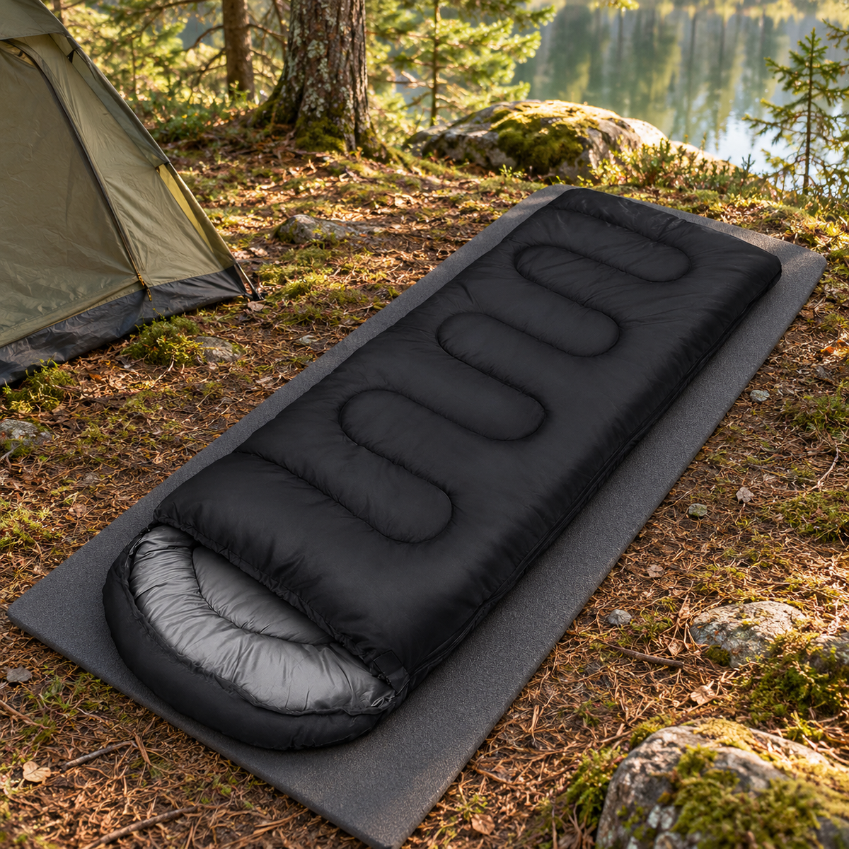 Sac de couchage 15 °C noir entier sur tapis au bivouac