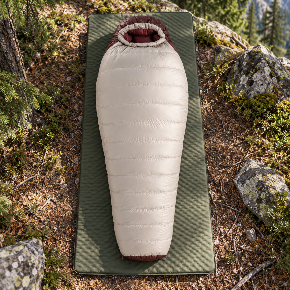 Sac de couchage 2 degrés beige et bordeaux entier sur tapis en forêt