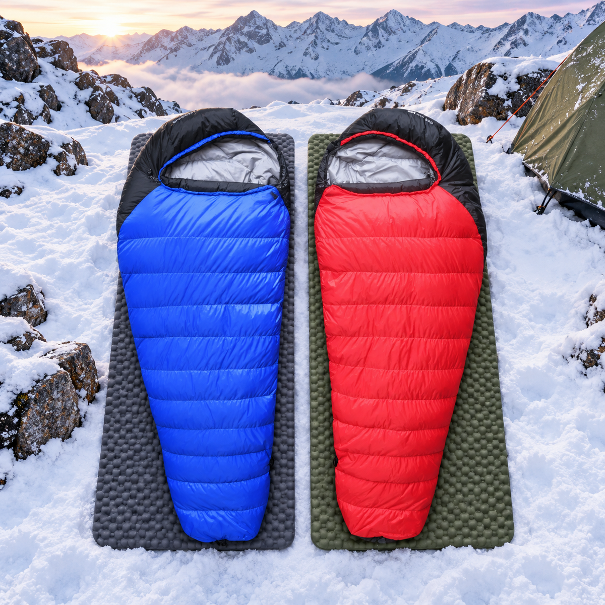 Deux sacs grand froid bleu et rouge entiers sur tapis en bivouac alpin