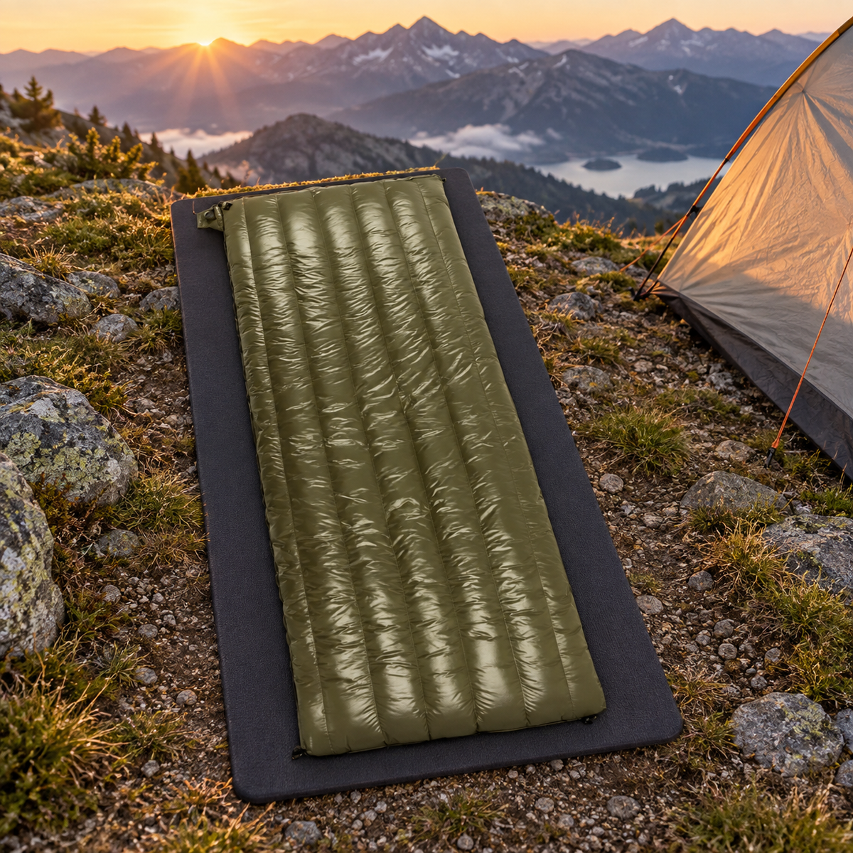 Sac de couchage 20 °C olive fermé sur tapis au bivouac