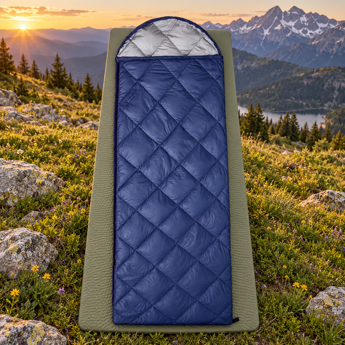 Sac de couchage 8°C bleu foncé fermé en bivouac alpin