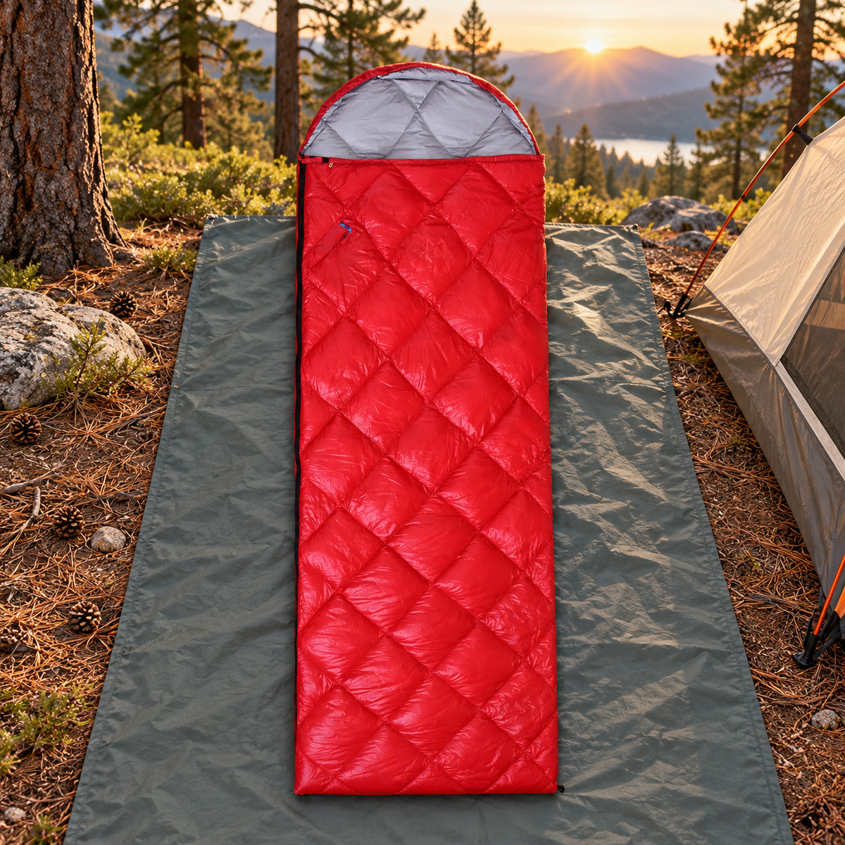 Sac de couchage 8°C rouge fermé en bivouac forestier