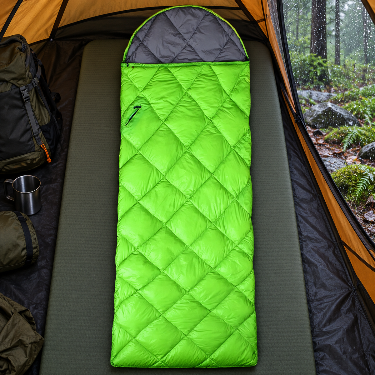 Sac de couchage 8°C vert fermé sous tente par temps de pluie