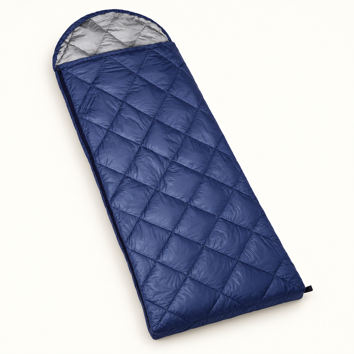 Sac de couchage 8°C bleu foncé — vue trois-quarts fermée