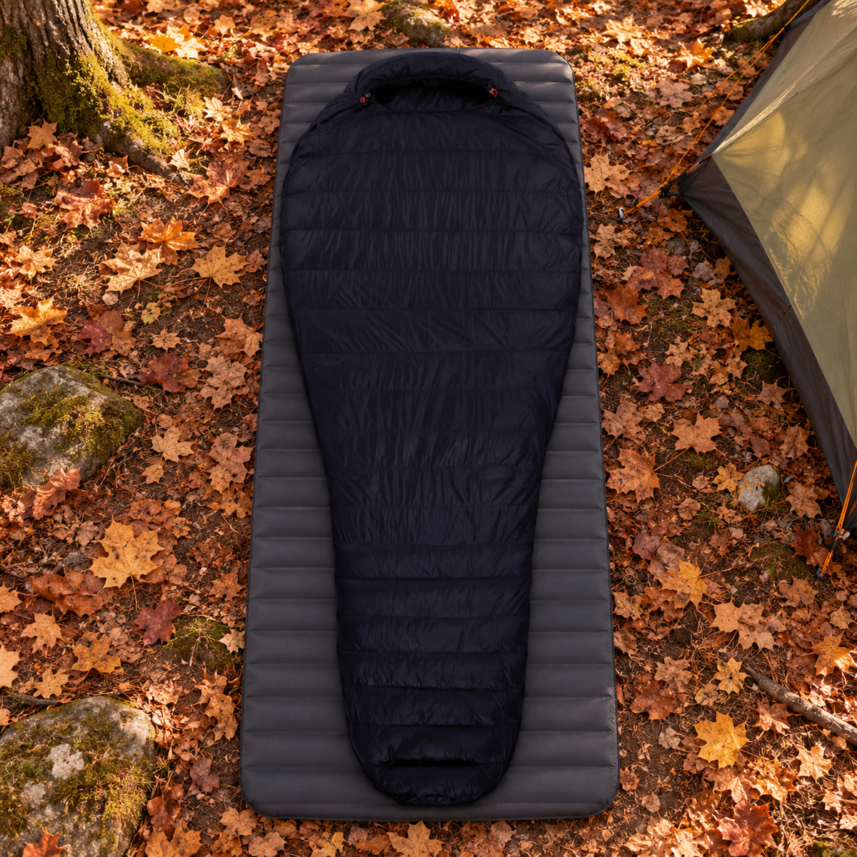 Sac de couchage noir installé sur un tapis dans un bivouac d'automne