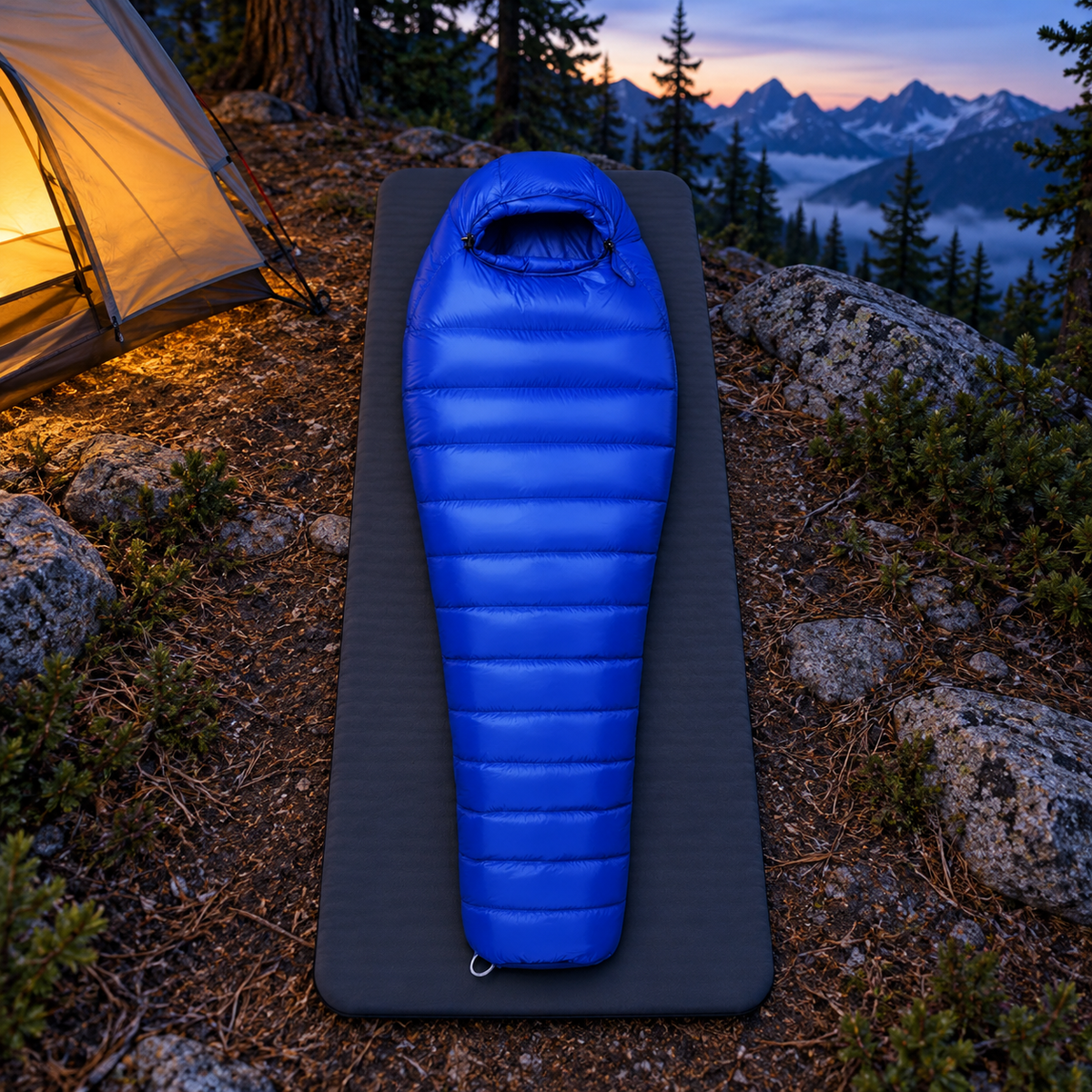 Sac de couchage bleu installé sur un tapis au bivouac