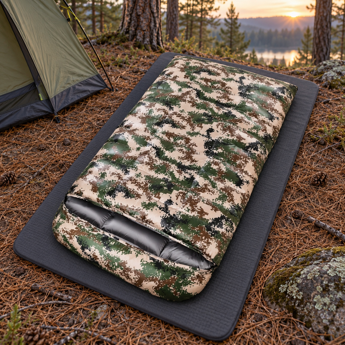 Sac de couchage camouflage installé sur un tapis au bivouac