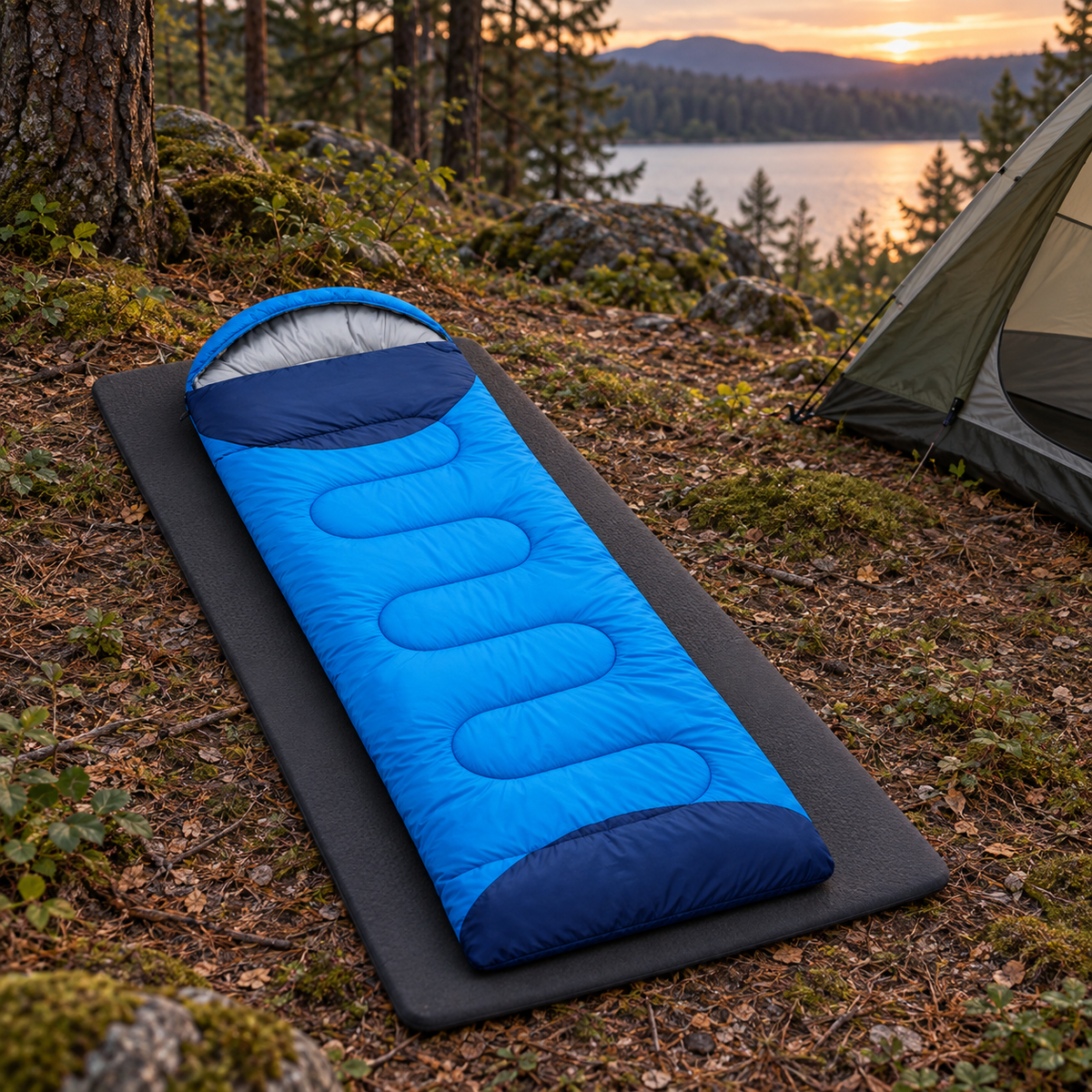 Sac de couchage chaud compact bleu entier sur tapis au bivouac