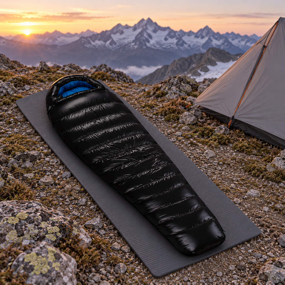 Sac de couchage compact léger noir entier sur tapis au bivouac