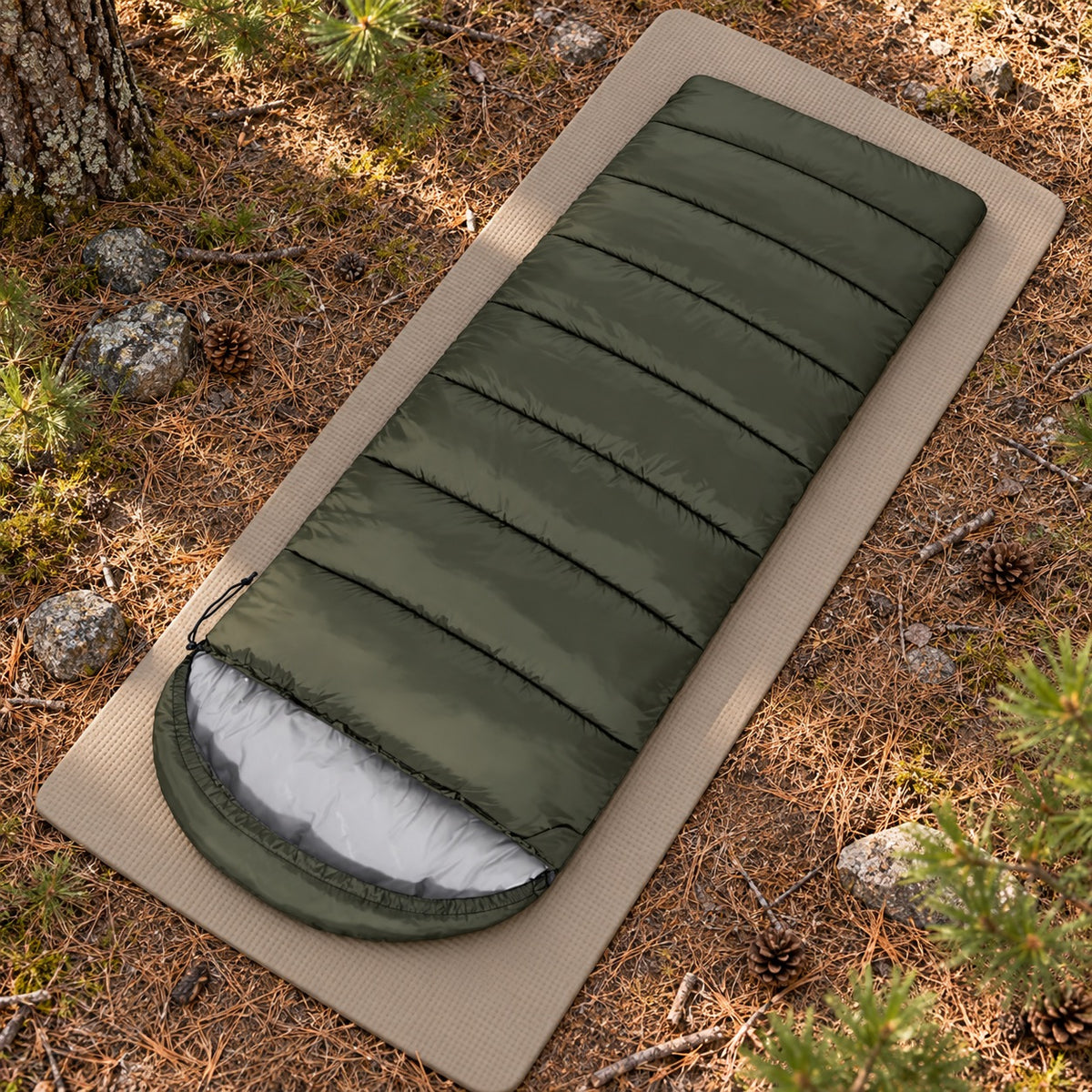 Sac de couchage coton polyester vert fermé sur tapis en forêt
