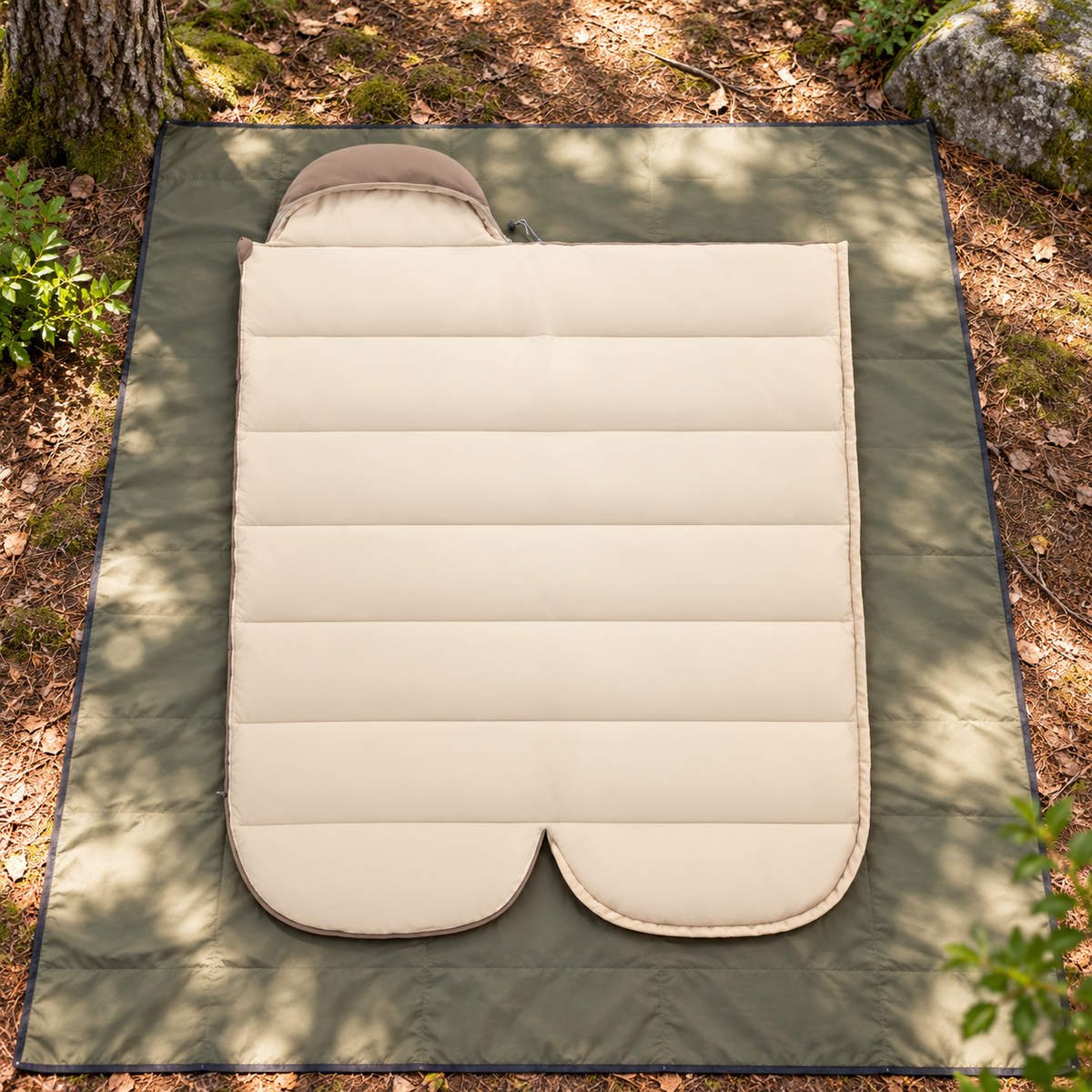 Sac de couchage couverture beige entier sur tapis en forêt